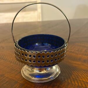 Vintage Art Deco Cobalt Blue Glass/Silvered Filigree Sugar/Jam Bowl